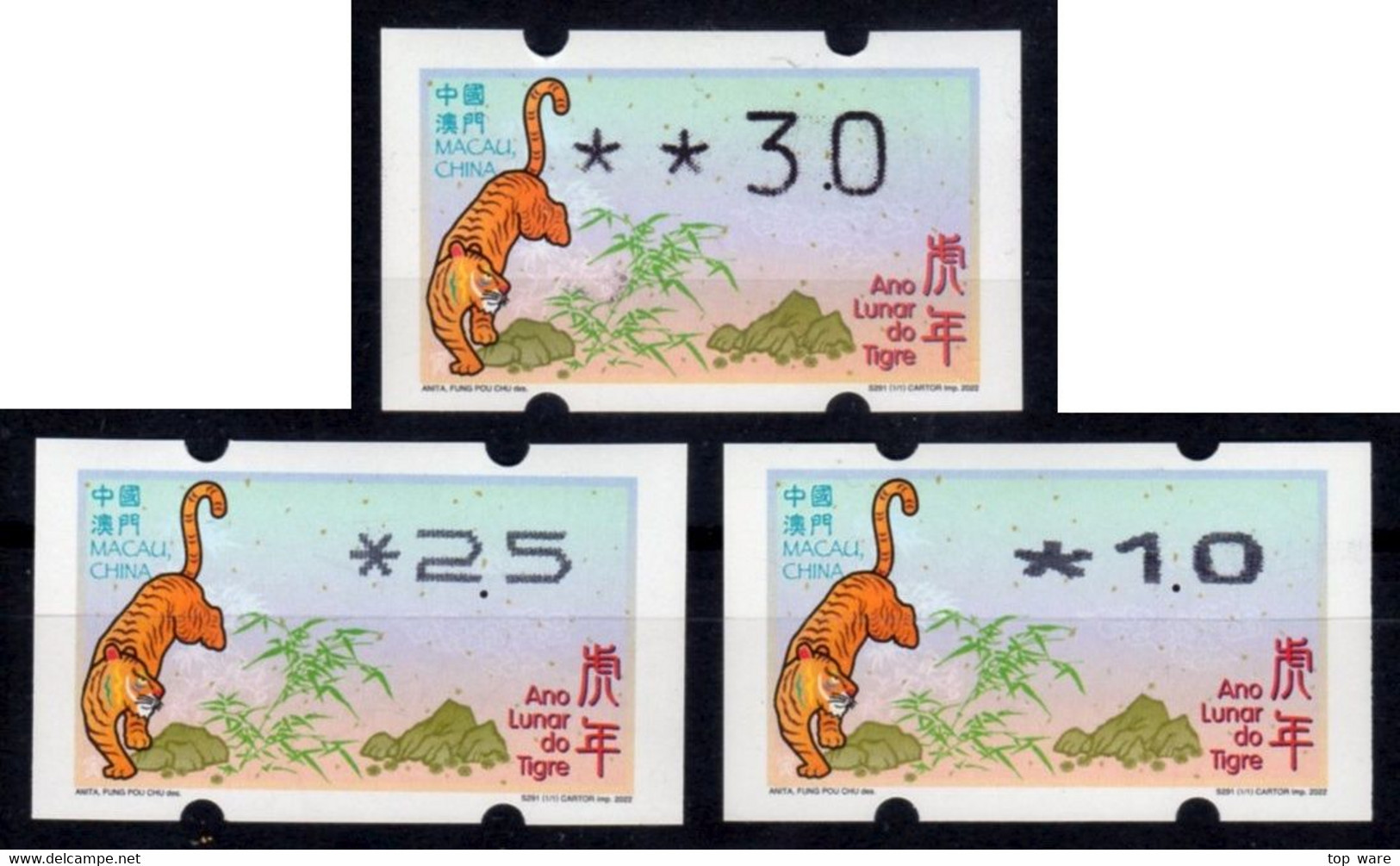 2022 China Macau ATM Stamps /Jahr Des Tiger / Alle Drei Drucktypen Klussendorf Nagler Newvision Automatenmarken - Automatenmarken