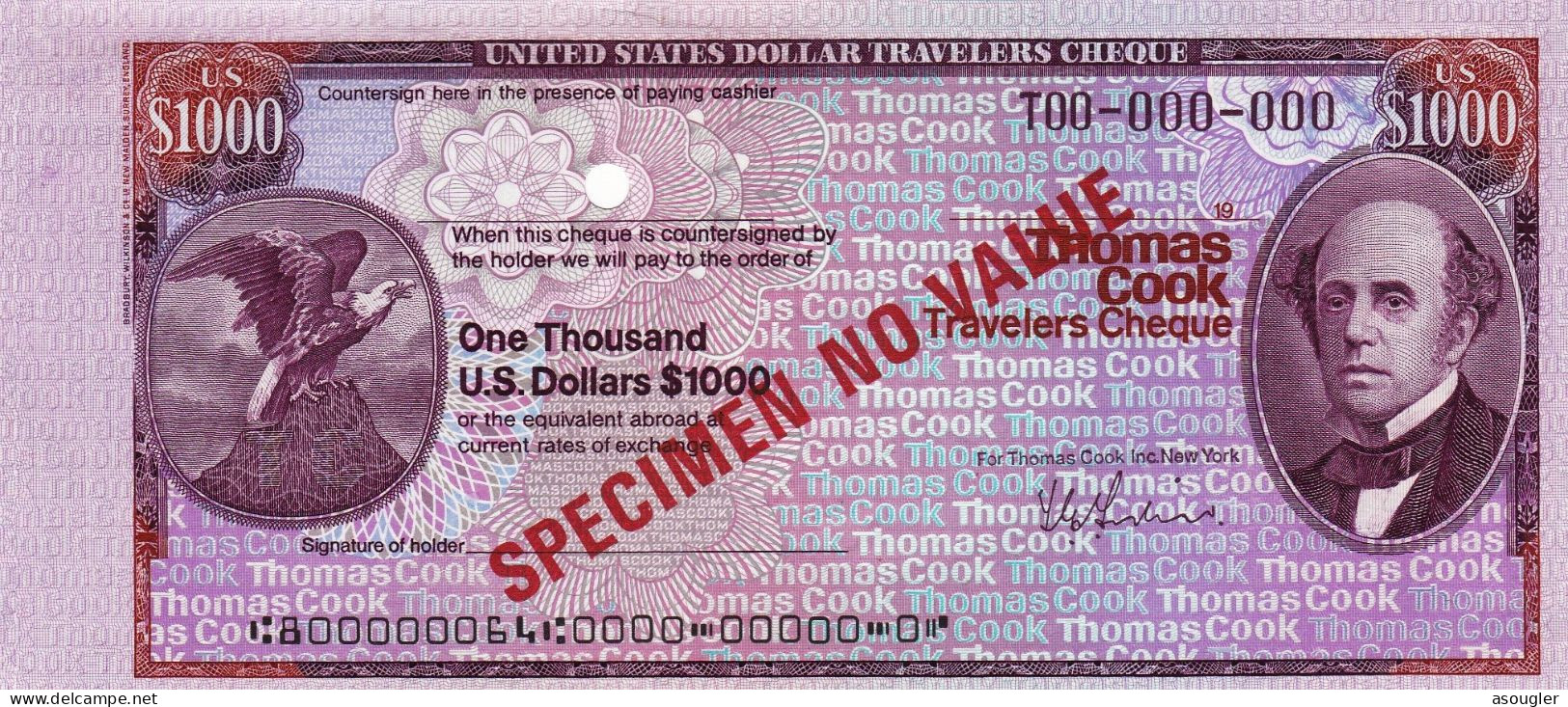 USA 1000 DOLLARS SPECIMEN THOMAS COOK TRAVELERS CHEQUE 1978-1979 "free Shipping Via Registered Air Mail" - A Identifier
