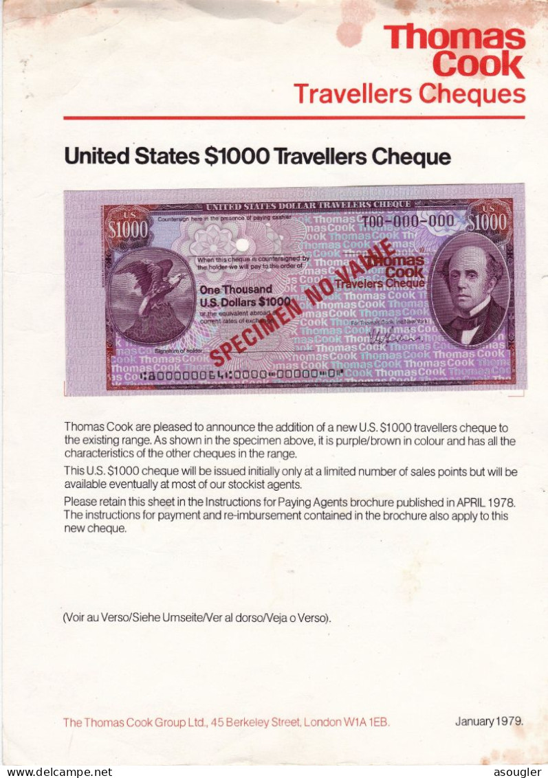 USA 1000 DOLLARS SPECIMEN THOMAS COOK TRAVELERS CHEQUE 1978-1979 "free Shipping Via Registered Air Mail" - A Identificar