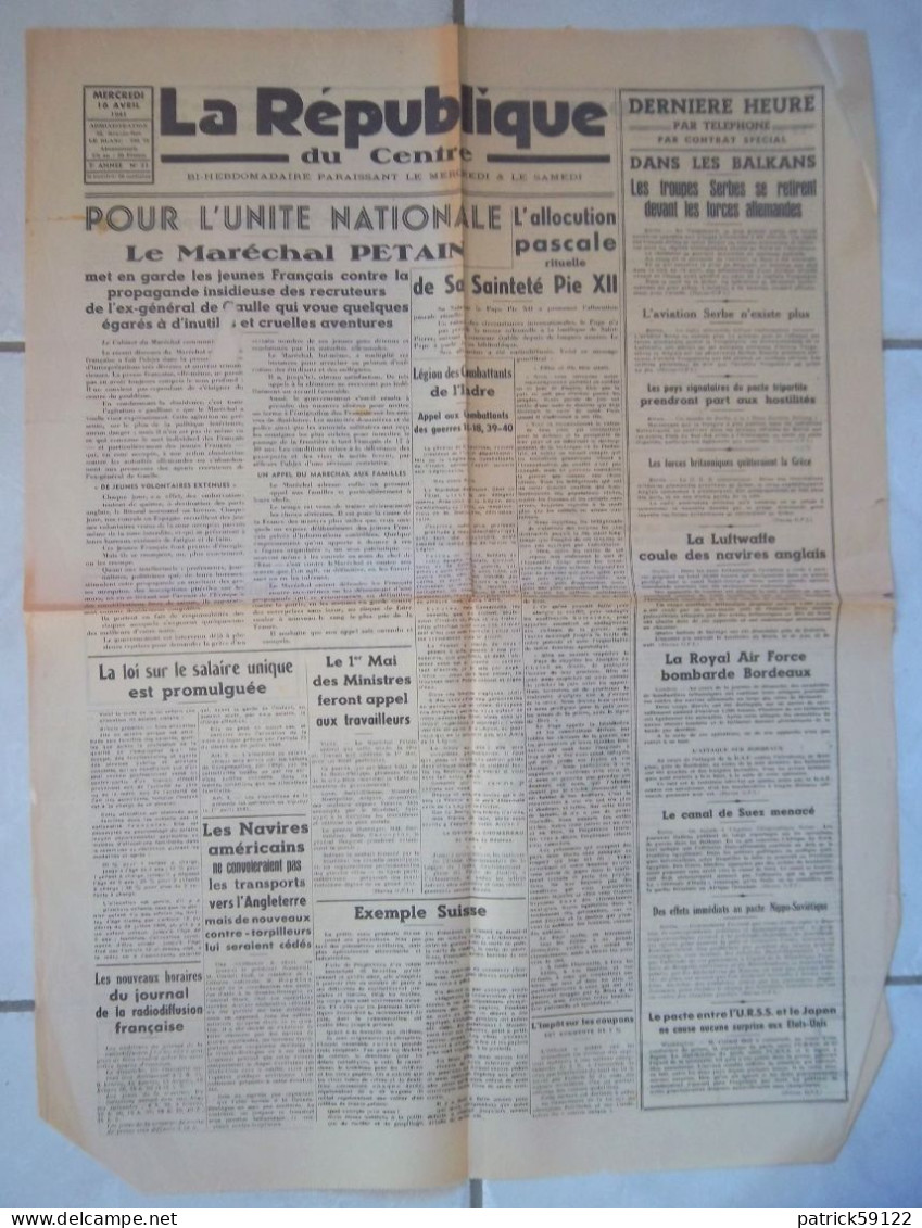 JOURNAL LA REPUBLIQUE DU CENTRE - MERCREDI 16 AVRIL 1941  -  COMPLET Sans DECHIRURE - - Testi Generali