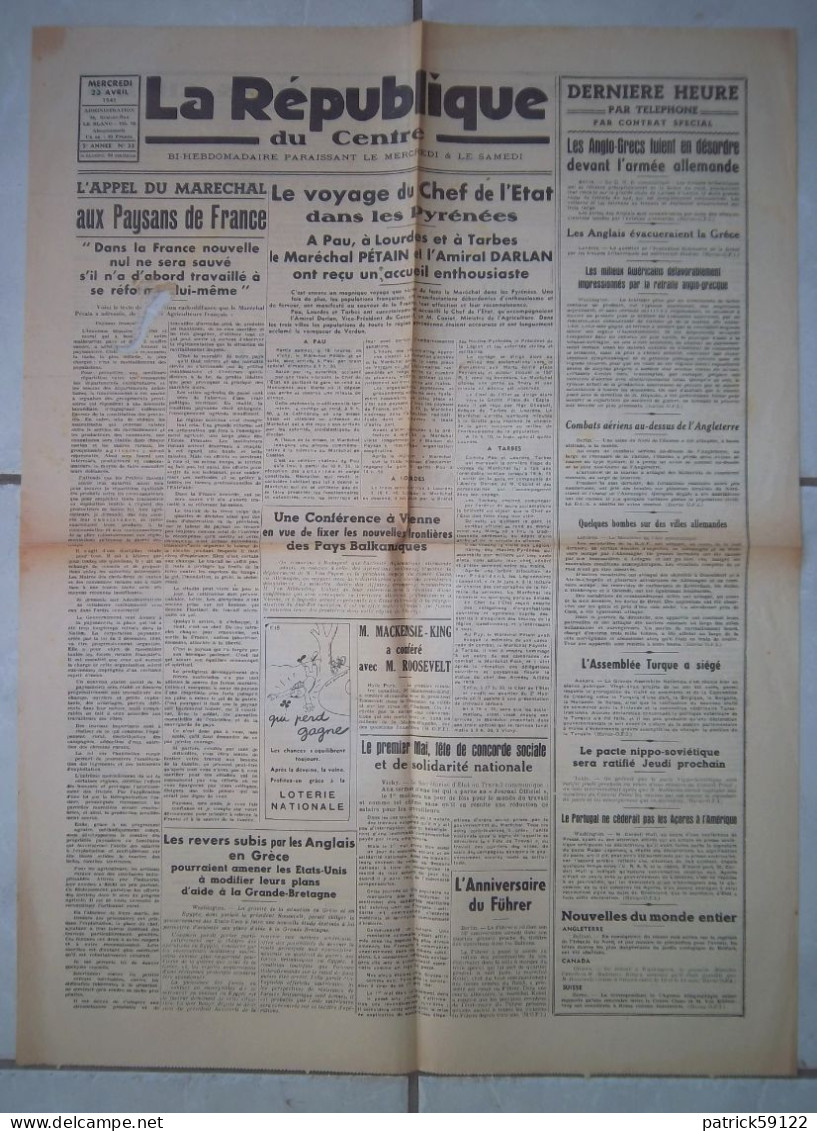 JOURNAL LA REPUBLIQUE DU CENTRE - MERCREDI 23 AVRIL 1941  -  COMPLET Sans DECHIRURE - - Informaciones Generales
