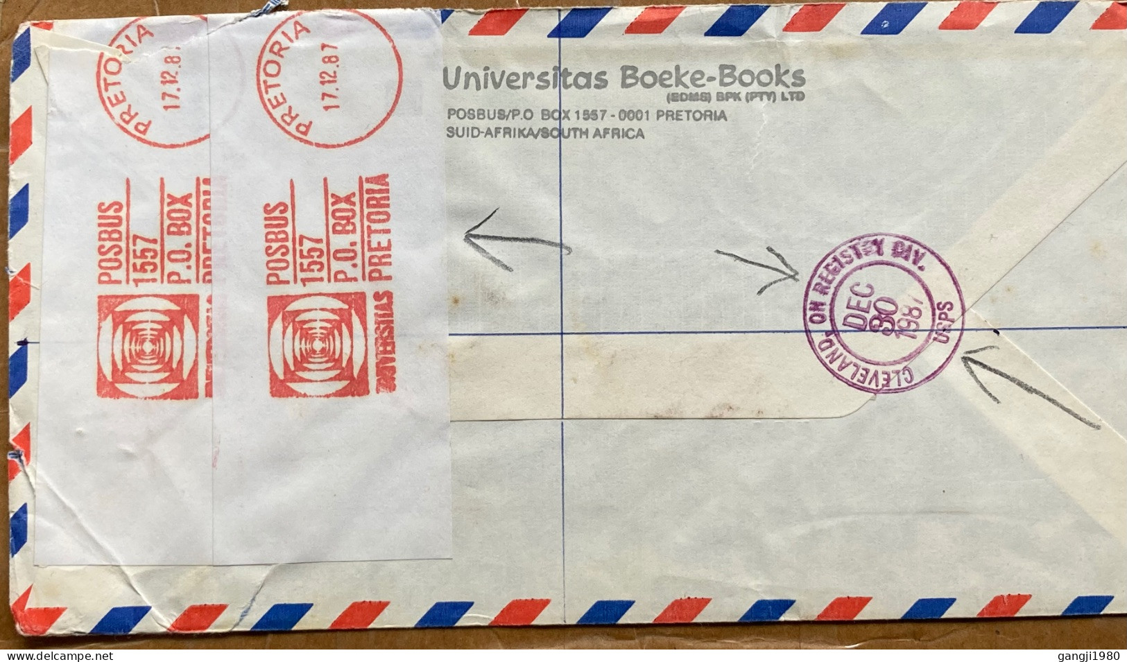 SOUTH AFRICA 1987, REGESTER COVER, USED TO USA, METER CANCEL, POSBUS 1557 P.O.BOX PRETORIA, 2 DIFF, UNIVERSITAS BOOK, CL - Storia Postale