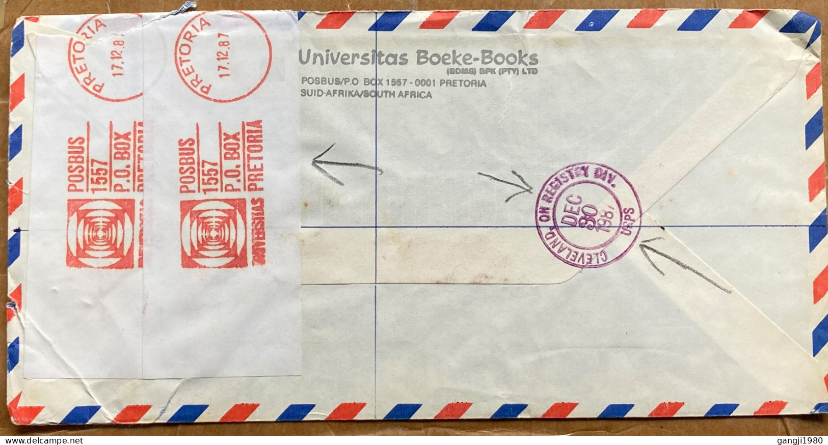 SOUTH AFRICA 1987, REGESTER COVER, USED TO USA, METER CANCEL, POSBUS 1557 P.O.BOX PRETORIA, 2 DIFF, UNIVERSITAS BOOK, CL - Storia Postale