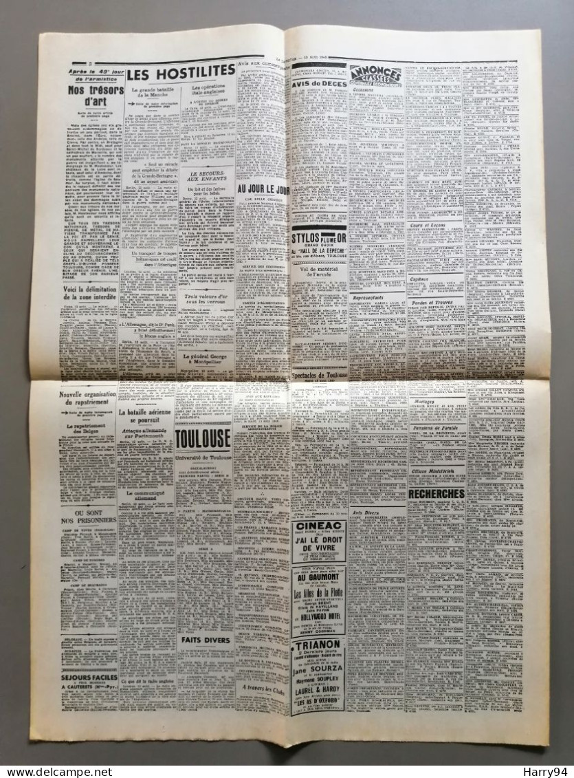 Journal L'Avenir-la Dépêche Du 13 Aout 1940 "La Bataille Aérienne Fait Rage Au-dessus Des Côtes Anglaises" - General Issues