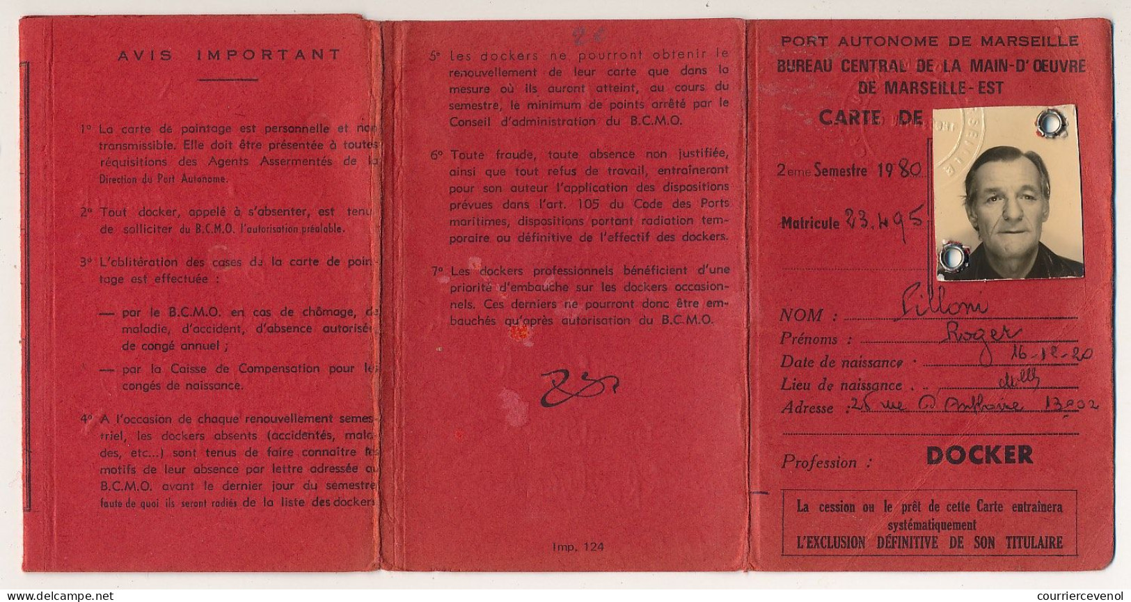 MARSEILLE - Carte De Pointage, Profession DOCKER - Port Autonome De Marseille, Bureau Central De La Main D'Oeuvre - Cartes De Membre