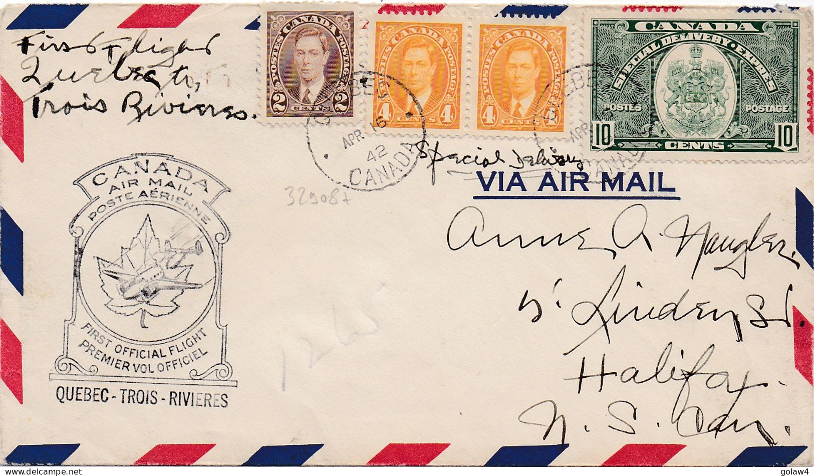 32908# LETTRE CANADA AIR MAIL POSTE AERIENNE PREMIER VOL OFFICIEL QUEBEC TROIS RIVIERES 1942 HALIFAX - Poste Aérienne
