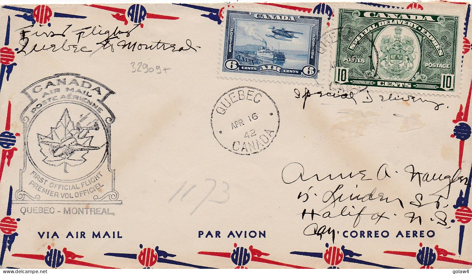 32909# LETTRE CANADA AIR MAIL POSTE AERIENNE PREMIER VOL OFFICIEL QUEBEC MONTREAL 1942 HALIFAX - Luftpost