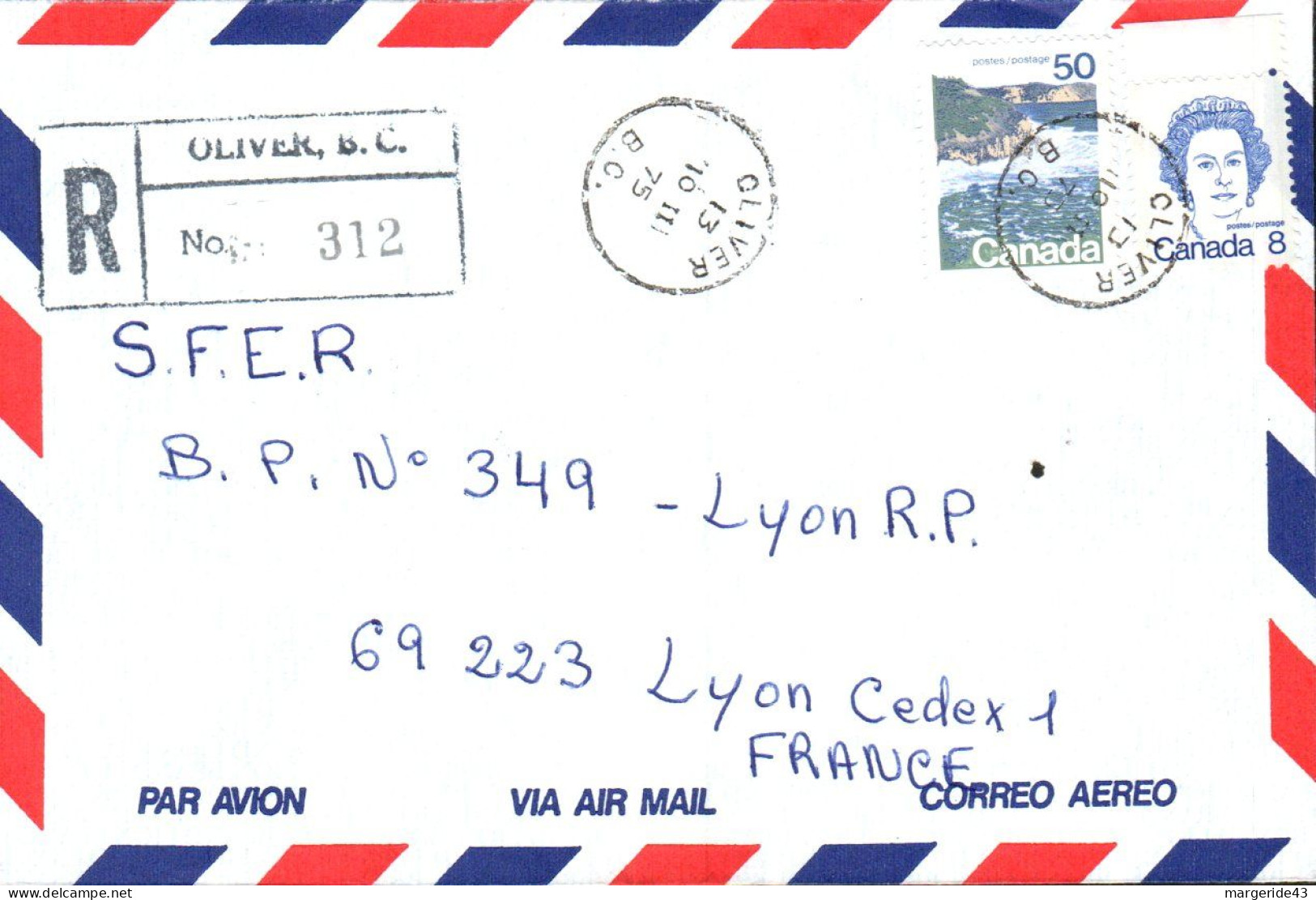 CANADA AFFRANCHISSEMENT COMPOSE SUR LETTRE RECOMMANDEE DE OLIVER POUR LA FRANCE 1975 - Briefe U. Dokumente