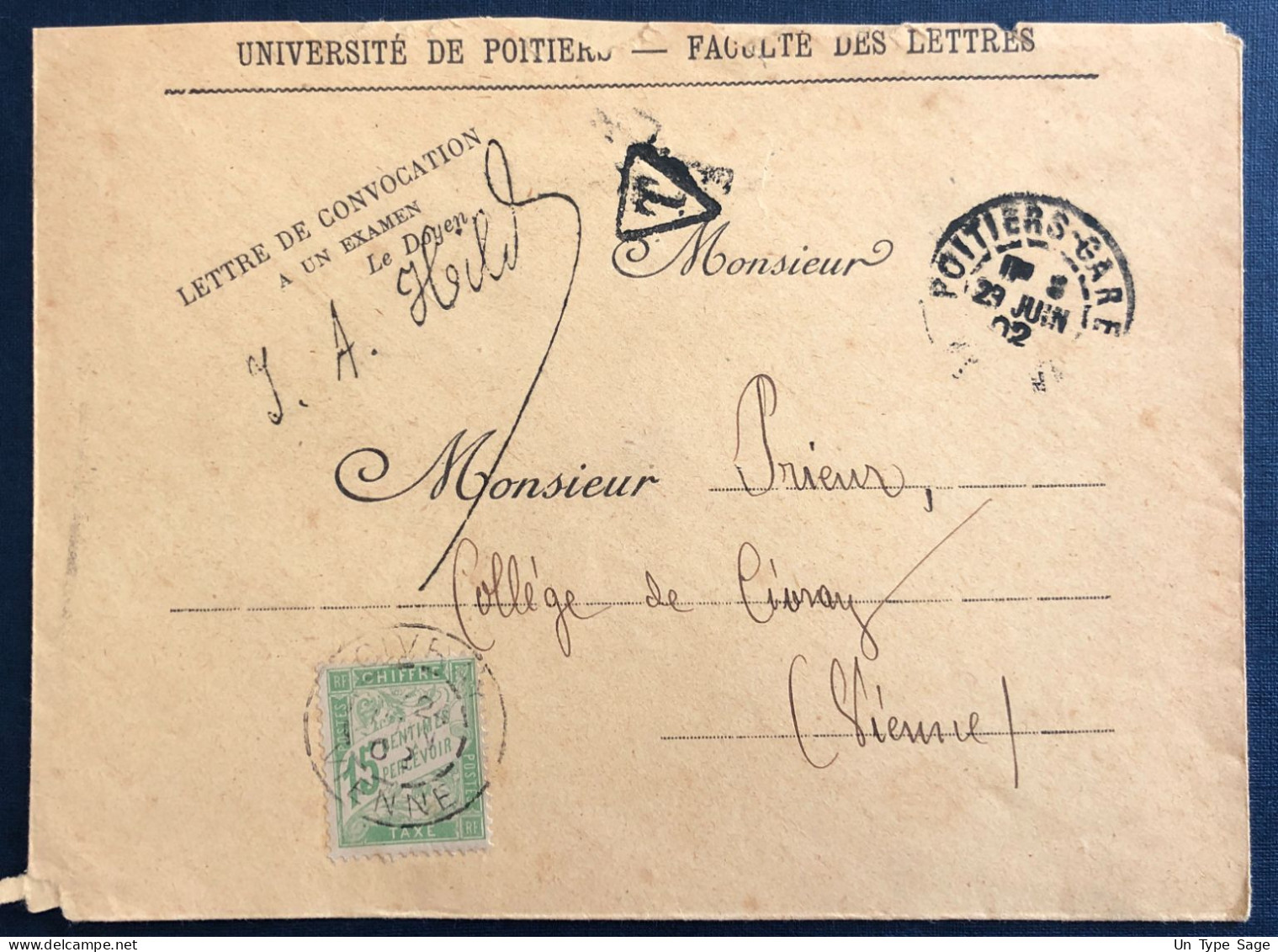 France Taxe N°30 Sur Enveloppe De Poitiers 29.6.1902 - (B3747) - 1859-1959 Covers & Documents