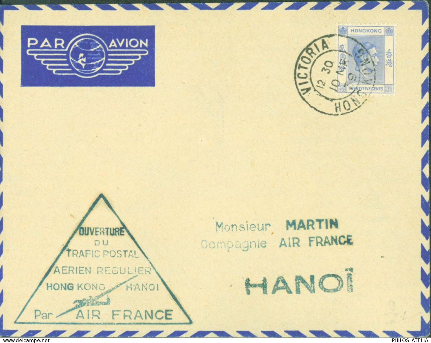 Cachet Ouverture Du Trafic Postal Aérien Régulier Hong Kong Hanoi Par Air France YT Hong Kong N° 140 Victoria 10 MR 39 - Lettres & Documents