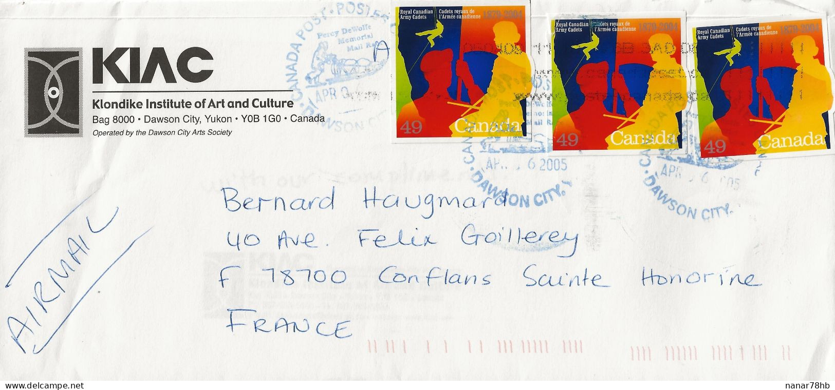 Lettre Avec 3 Timbres Cadets Royaux De L'armée Canadienne (oblitération Du 06/04/2005) - Lettres & Documents