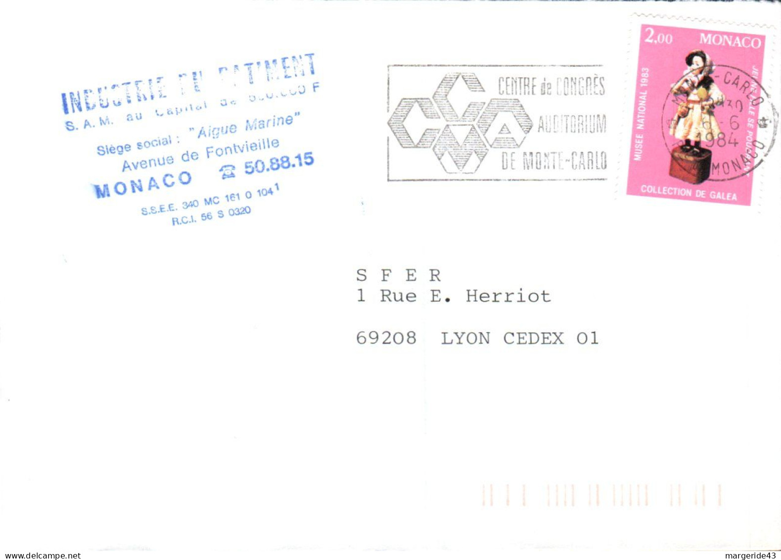 MONACO SEUL SUR LETTRE POUR LA FRANCE 1984 - Briefe U. Dokumente