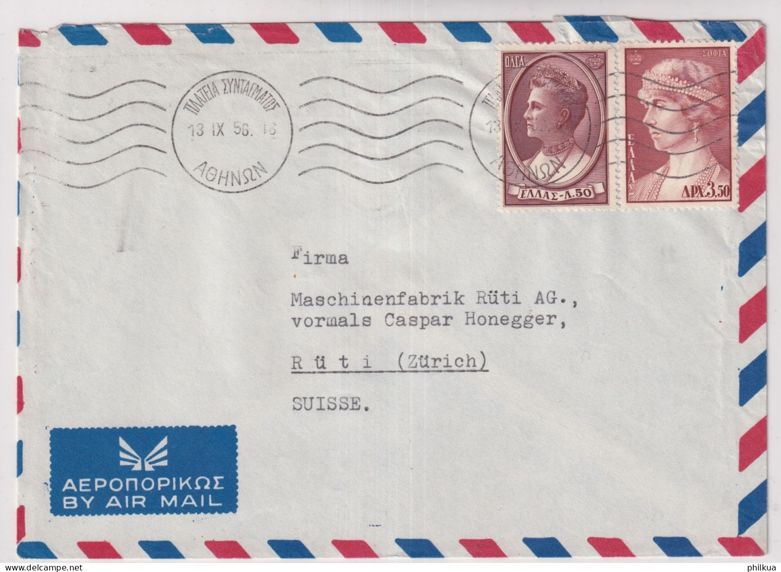 Buntfrankatur Auf Bedarfsflugpostbrief Gelaufen 1956 Ab ATHEN Griechenland Nach RÜTI (Zürich) Suisse - Brieven En Documenten