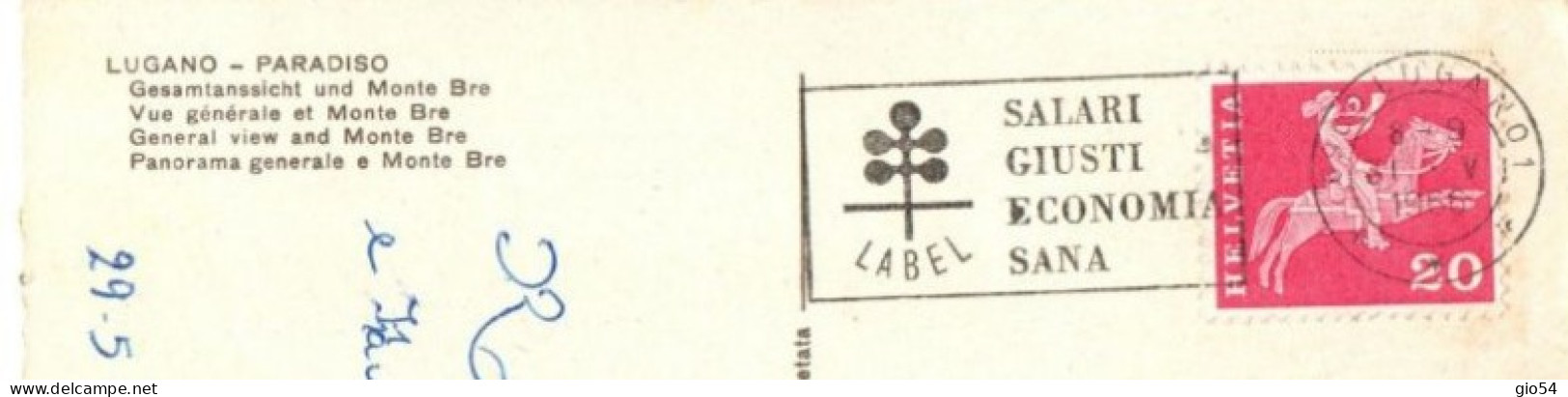 Lugano Paradiso Marcophilie Annullo Targhetta "salari Giusti Economia Sana" Fg - Paradiso