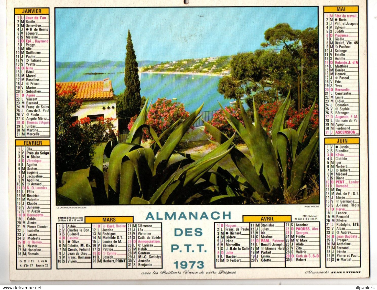 Calendrier Almanach Des P.T.T. 1973 Le Lavandou Côte D'Azur - Complet Région Nord De La France - Groot Formaat: 1971-80