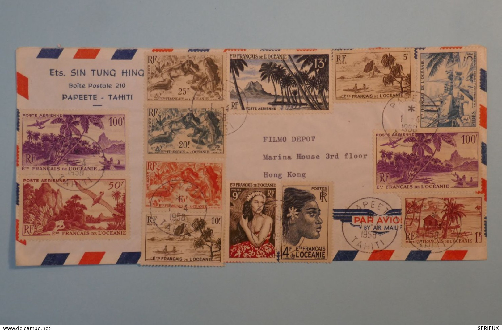 BT 16 ETAB. OCEANIE  BELLE LETTRE  RARE 1953 BY AIR MAIL  PAPEETE  A HONG KONG CHINA +AFFR SPECTACULAIRE +++ - Briefe U. Dokumente