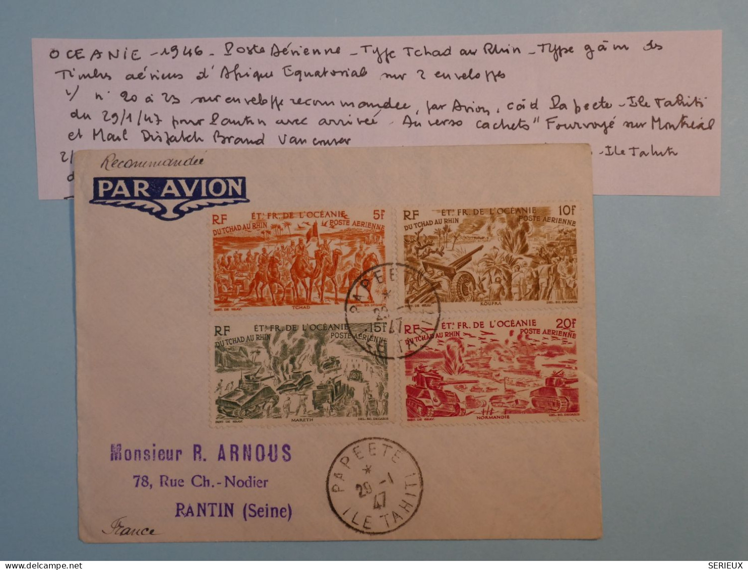 BT16 ETAB. OCEANIE  BELLE LETTRE CURIOSITé  RARE 1947   PAPEETE  A  PANTIN   FRANCE +FOURVOYé MONTREAL++ ++ - Storia Postale