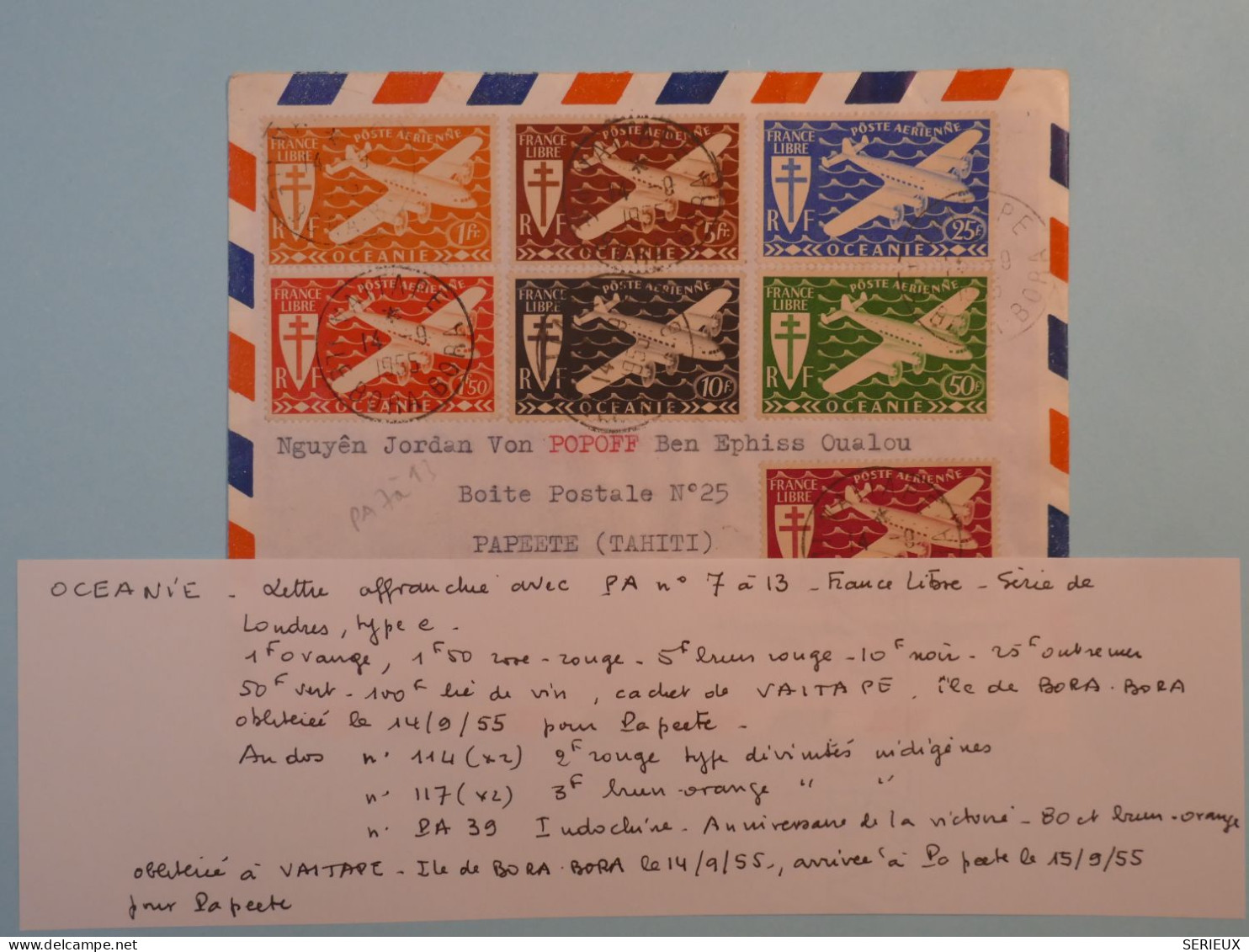 BT16 ETAB. OCEANIE  BELLE LETTRE BINATIONALITé INDOCHINE 1955  TUAMOTU A PAPEETE +AFF. PLAISANT+ - Storia Postale