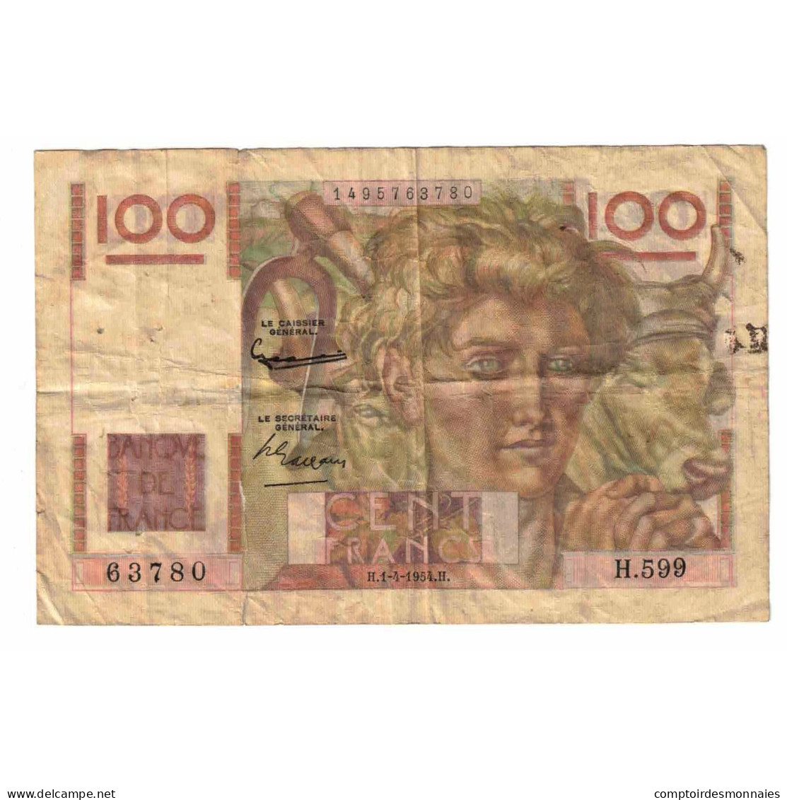 France, 100 Francs, Jeune Paysan, 1954, H.599, AB, Fayette:28.43, KM:128e - 100 F 1945-1954 ''Jeune Paysan''