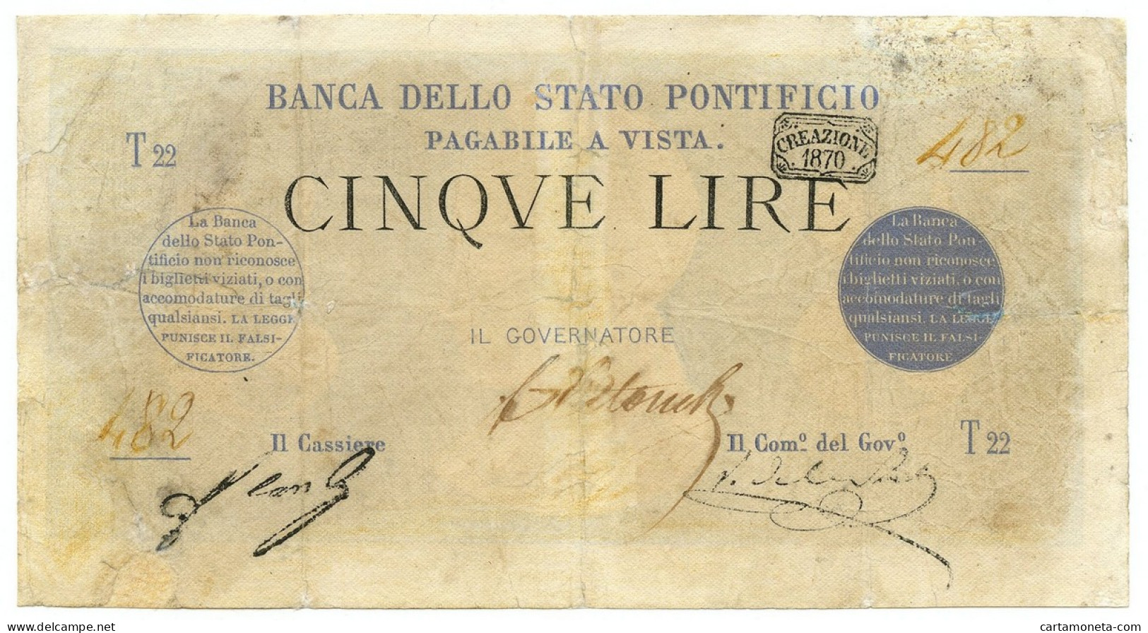 5 LIRE BANCA DELLO STATO PONTIFICIO 1870 MB/MB+ - Autres & Non Classés