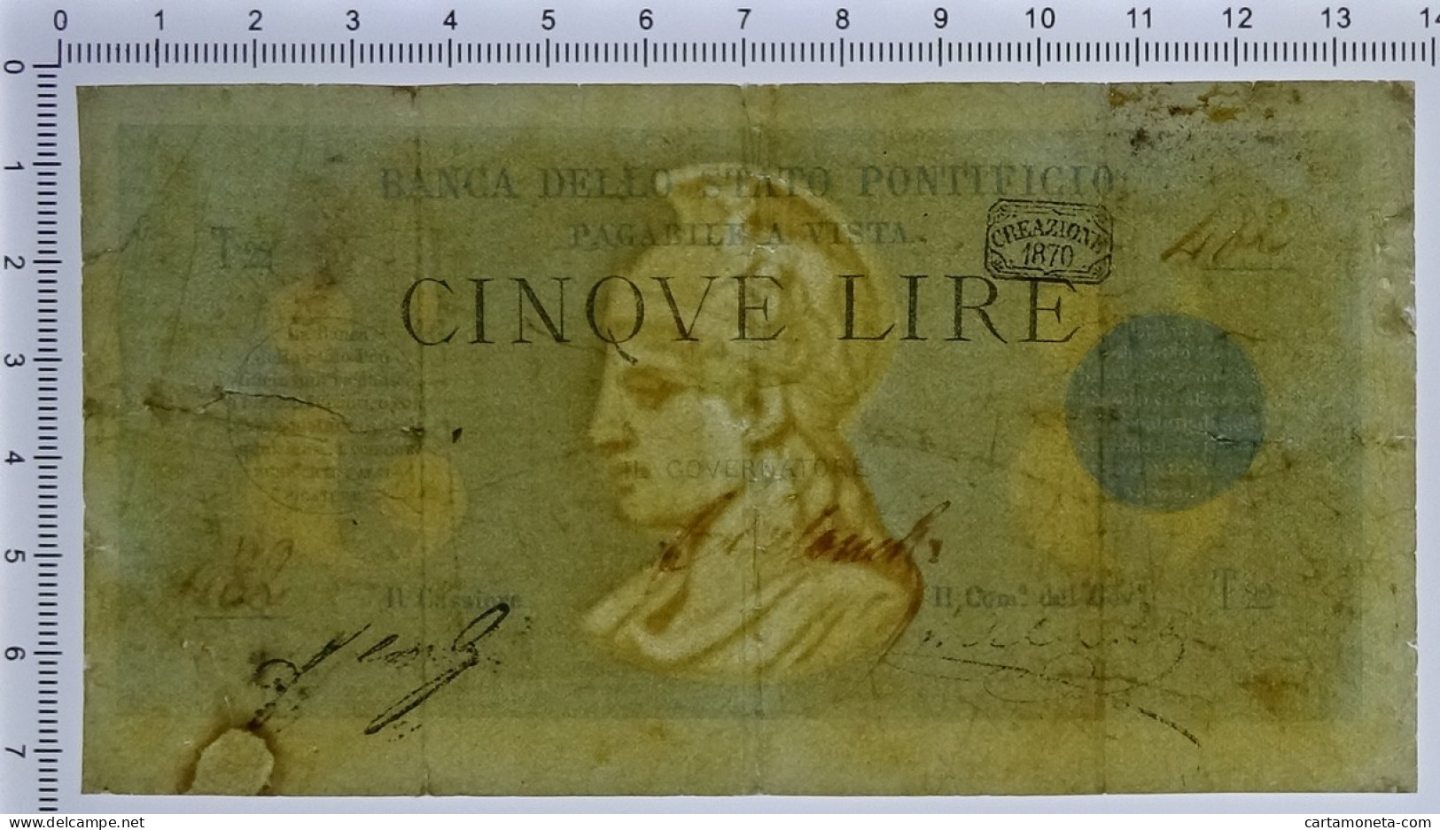 5 LIRE BANCA DELLO STATO PONTIFICIO 1870 MB/MB+ - Andere & Zonder Classificatie