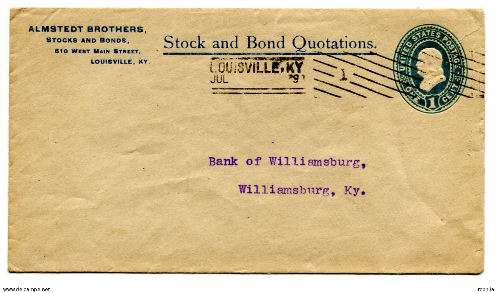 RC 25382 ETATS UNIS USA 189? ENTIER POSTAL DE LOUISVILLE POUR WILLIAMSBURG - ...-1900