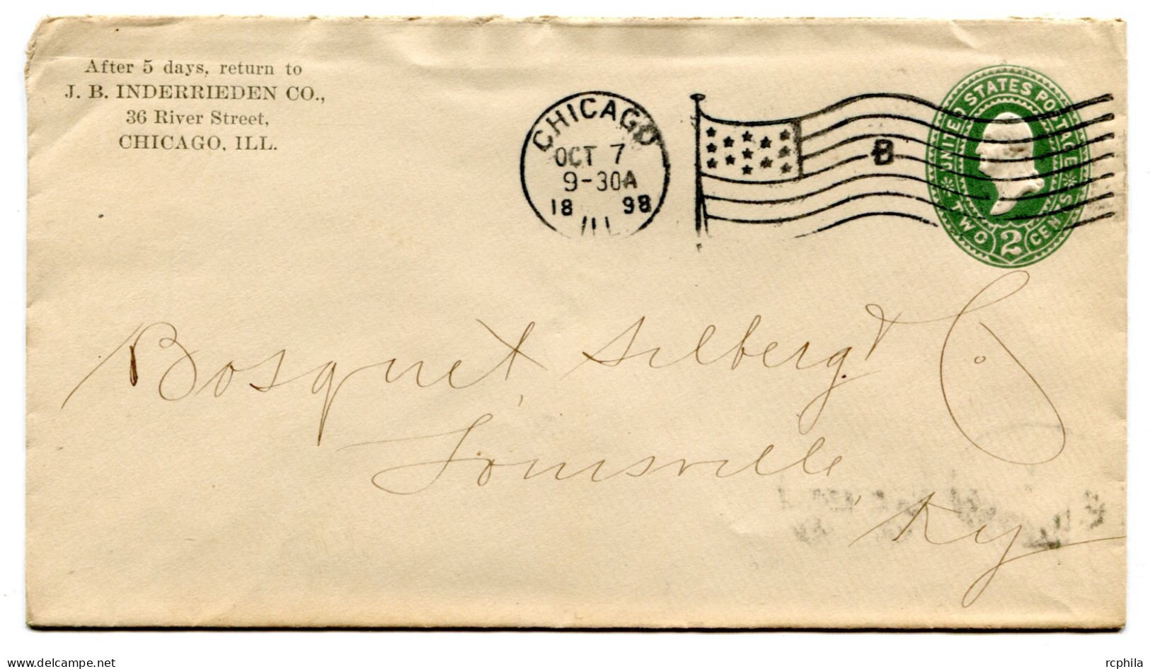 RC 25387 ETATS UNIS USA 1898 ENTIER POSTAL DE CHICAGO FLAG CANCEL LETTRE "B" POUR LOUISVILLE - ...-1900