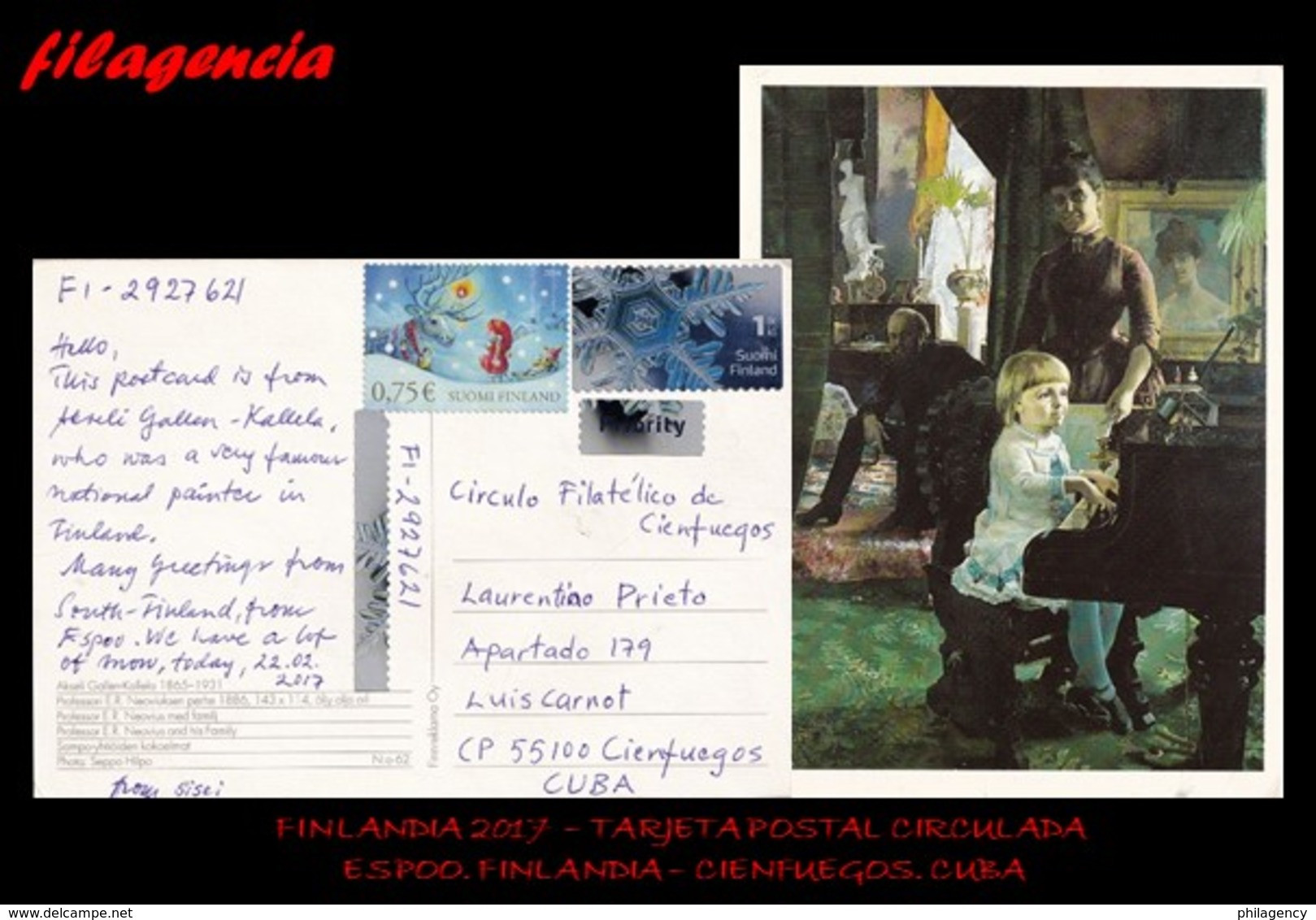 EUROPA. FINLANDIA. ENTEROS POSTALES. TARJETA POSTAL CIRCULADA 2017. ESPOO. FINLANDIA-CIENFUEGOS. CUBA. NAVIDADES - Briefe U. Dokumente