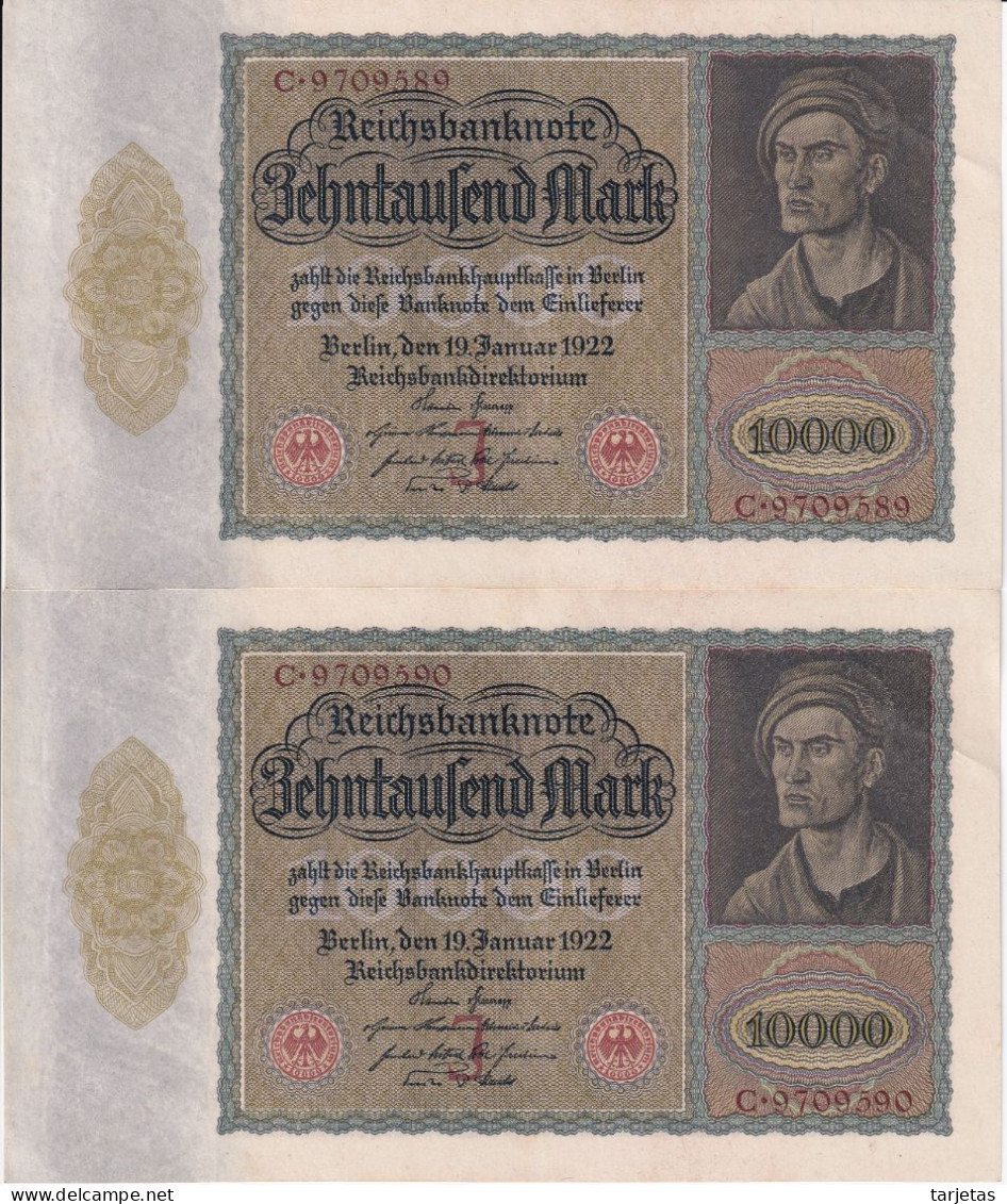 PAREJA CORRELATIVA DE ALEMANIA DE 10000 MARK DEL AÑO 1922 EN CALIDAD EBC (XF) (BANKNOTE) - 10000 Mark