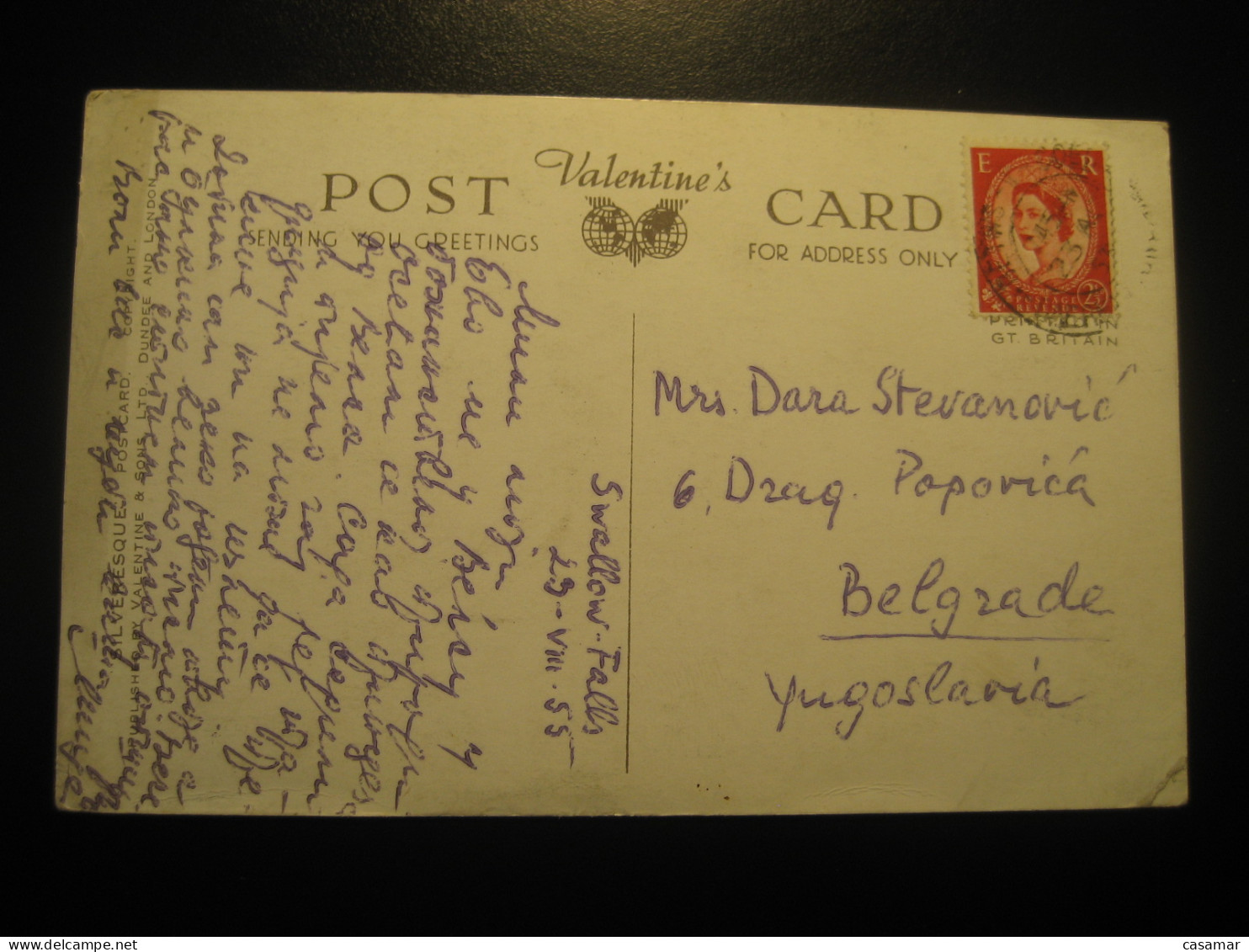 1955 To Belgrade Yugoslavia SWALLOW FALLS Betws-Y-Coed Conwy Valley Postcard ENGLAND UK GB - Contea Sconosciuta
