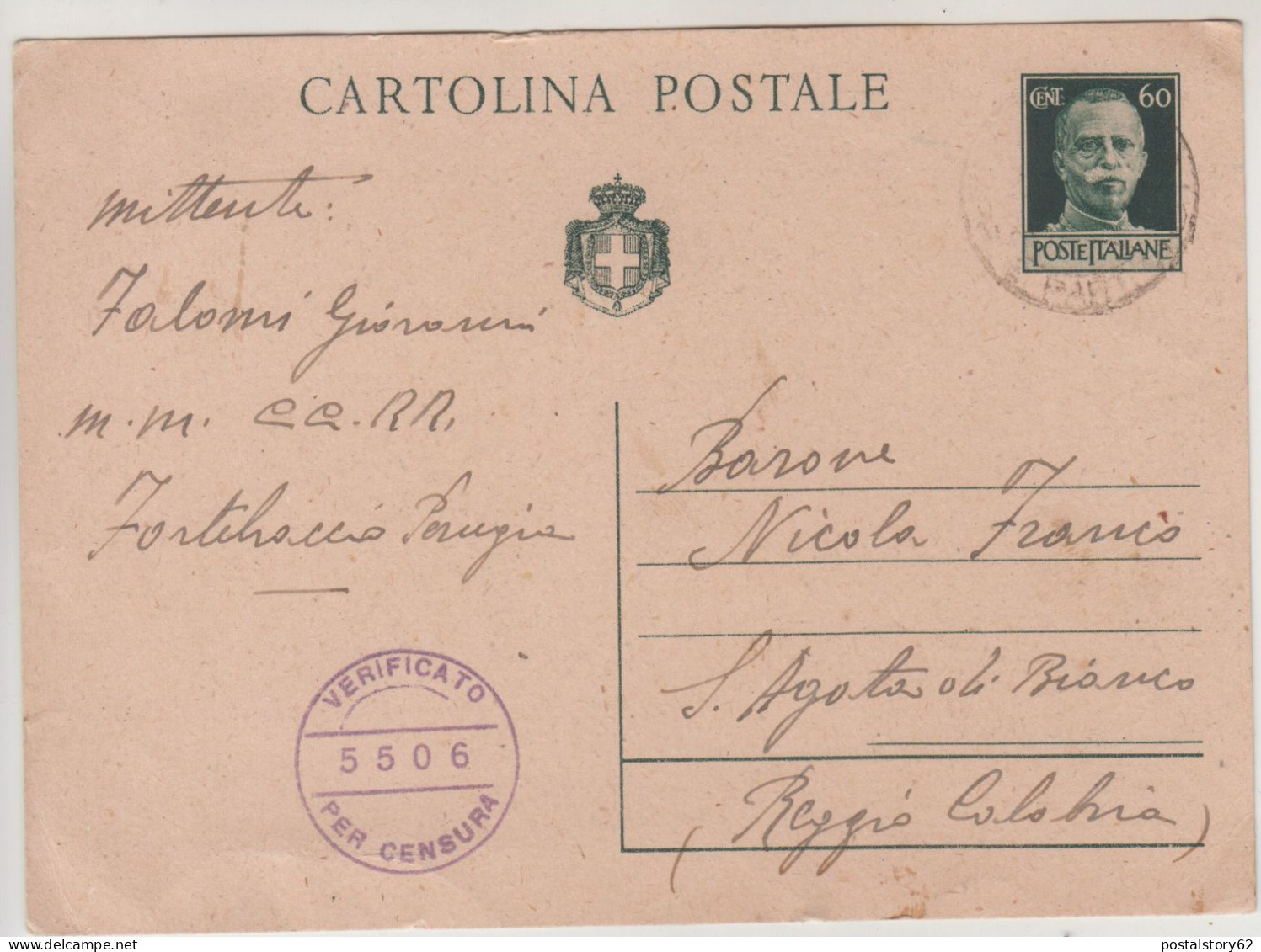 Perugia Per S. Agata Di Bianco (R.C.) Cartolina Intero Postale . 23/03/1945 Verificata Per Censura - Ganzsachen