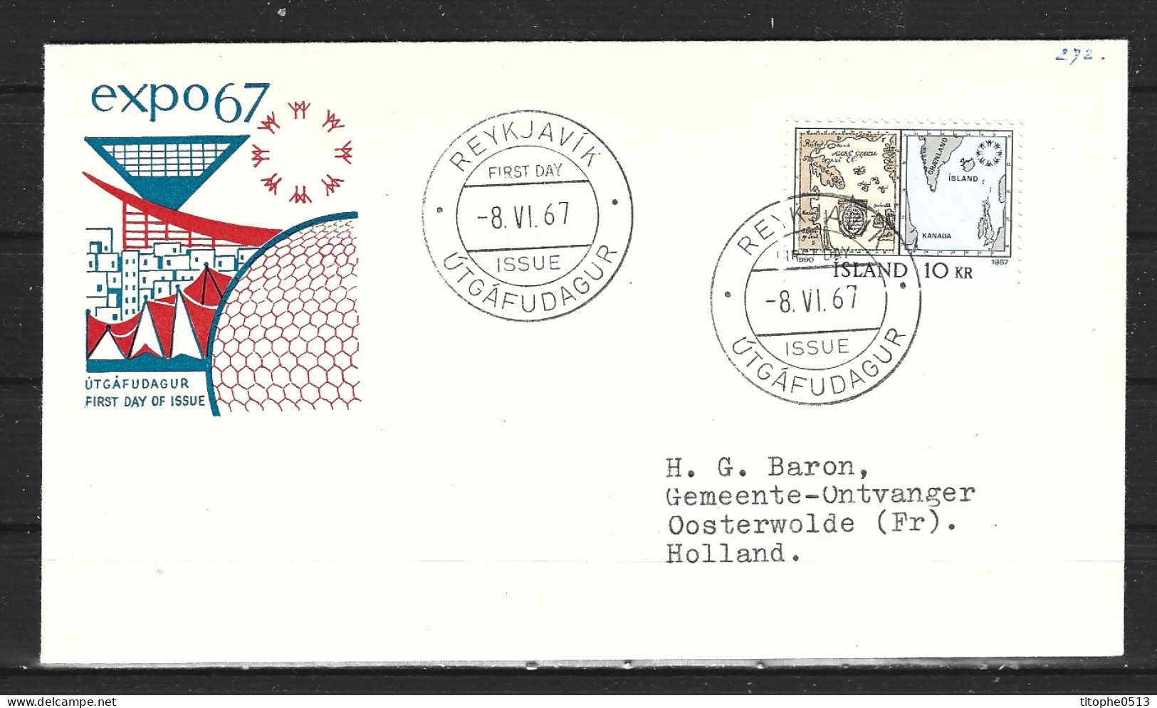 ISLANDE. N°366 De 1967 Sur Enveloppe 1er Jour (FDC). Expo. Internationale De Montréal/Cartographie. - 1967 – Montréal (Canada)