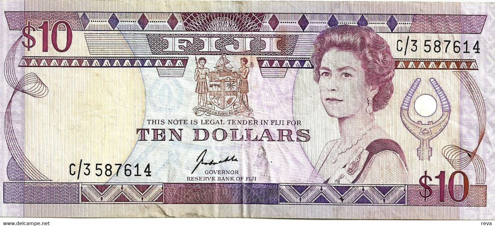 FIJI $10 PURPLE QEIII HEAD FRONT & PEOPLE BACK ND(1992)P.94a VF+ SIG, VARIETY READ DESCRIPTION!! - Fiji