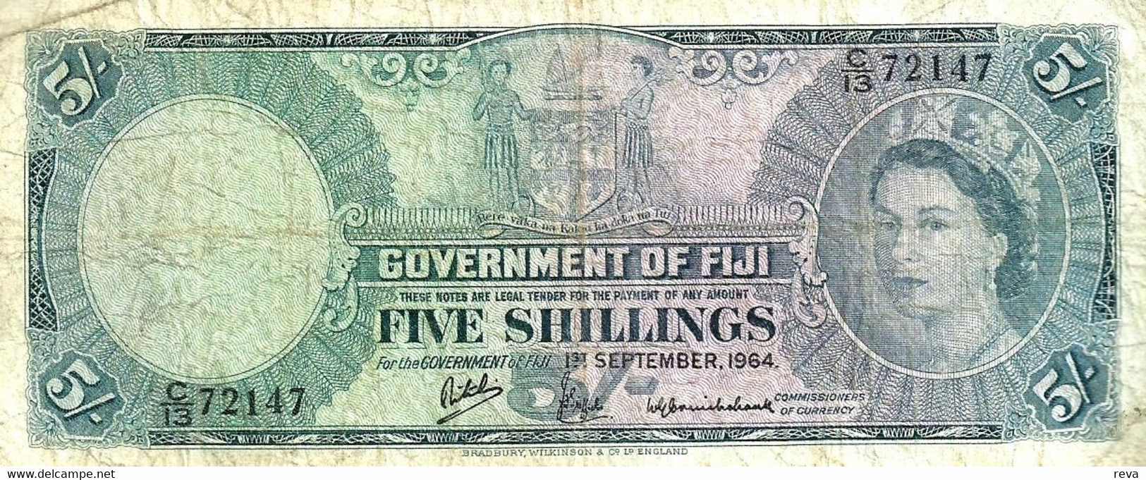 FIJI BRITISH 5 SHILLINGS BLUE QEII HEAD FRONT & MOTIF BACK DATED 01-09-1964 P.51d F+ READ DESCRIPTION!! - Fidji