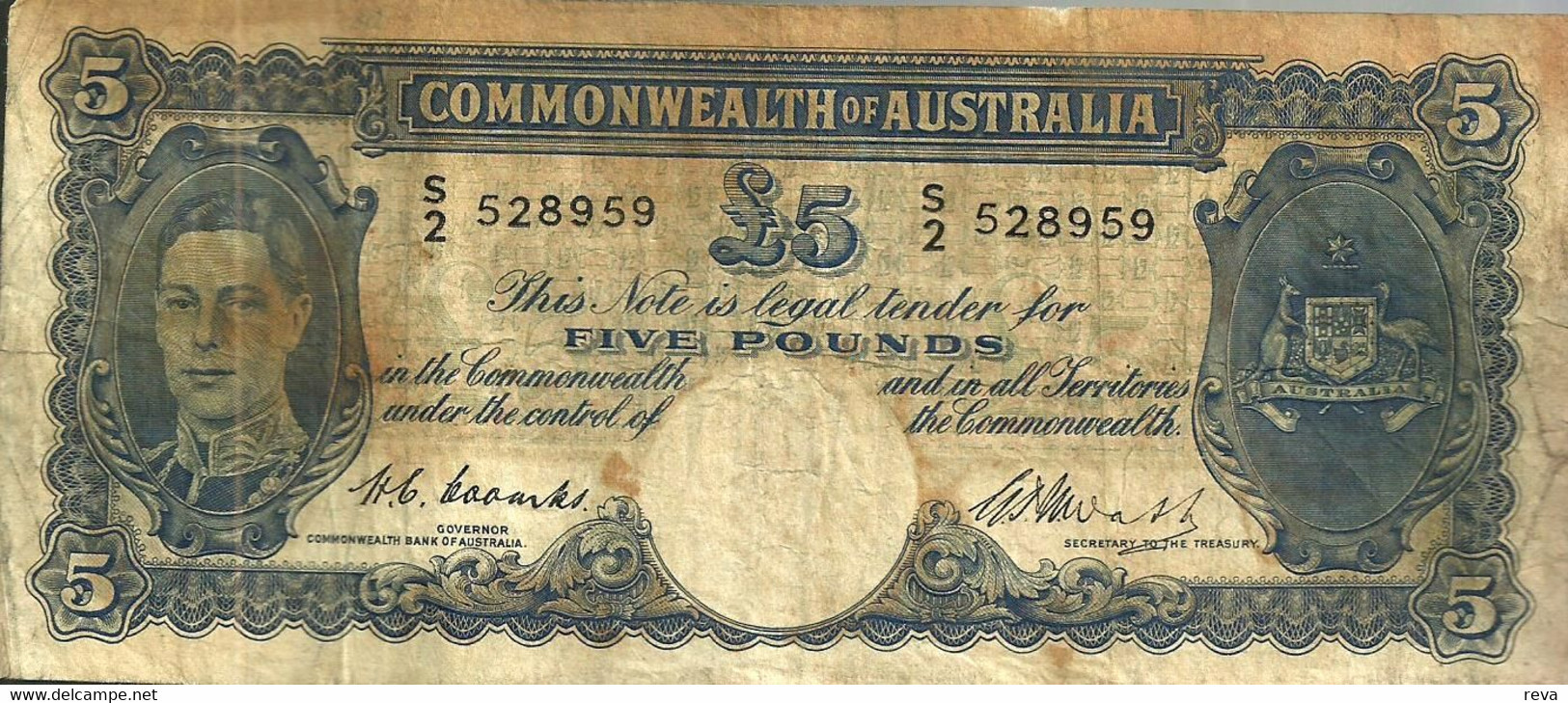 AUSTRALIA 5 POUNDS BLUE 3RD ISSUE KGVI HEAD ND(1949) SIG, COOMBS -WILSON WITHDRAWED 1966 F READ DESCRIPTION CAREFULLY !! - 1938-52