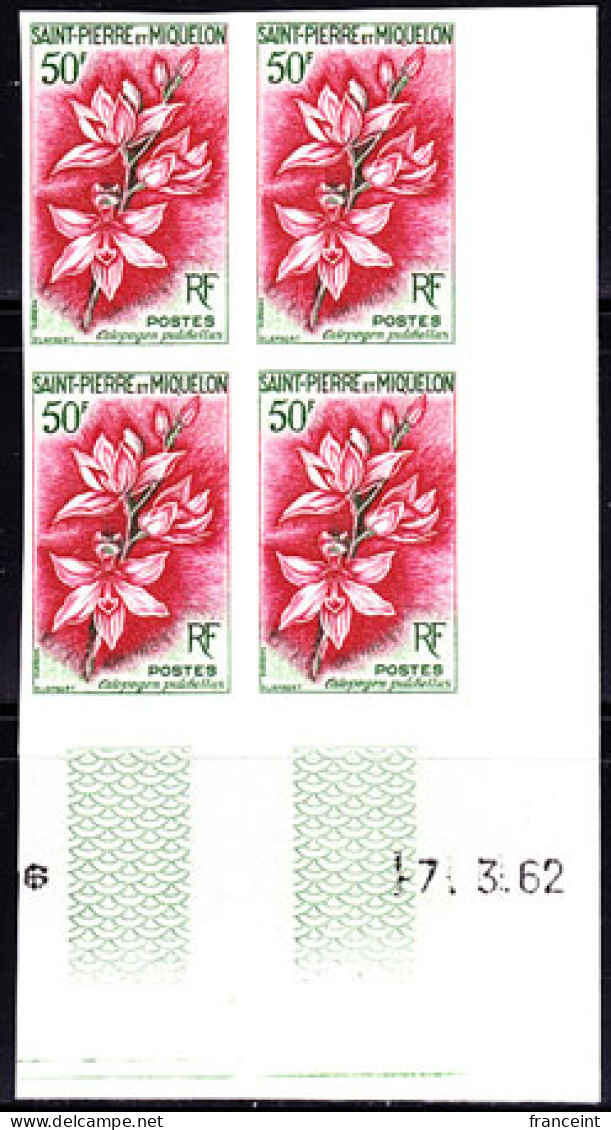 ST. PIERRE & MIQUELON(1962) Calopogon Pulchellus. Imperforate Corner Block Of 4. Scott No 361, Yvert No 363.  - Imperforates, Proofs & Errors