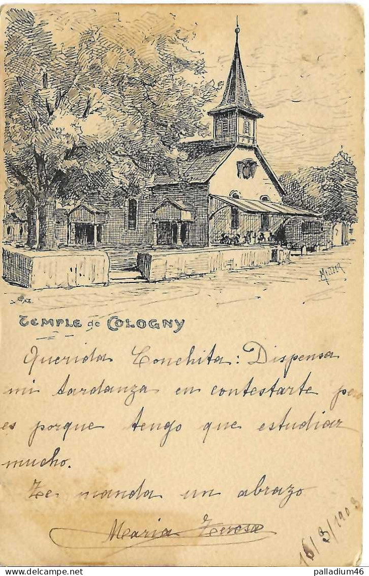 GENEVE COLOGNY TEMPLE - Illustrateur MELTZER - Circulé Le 17.03.1903 - Légère Déchirure Sur Le Coté Inf. Gauche - Cologny