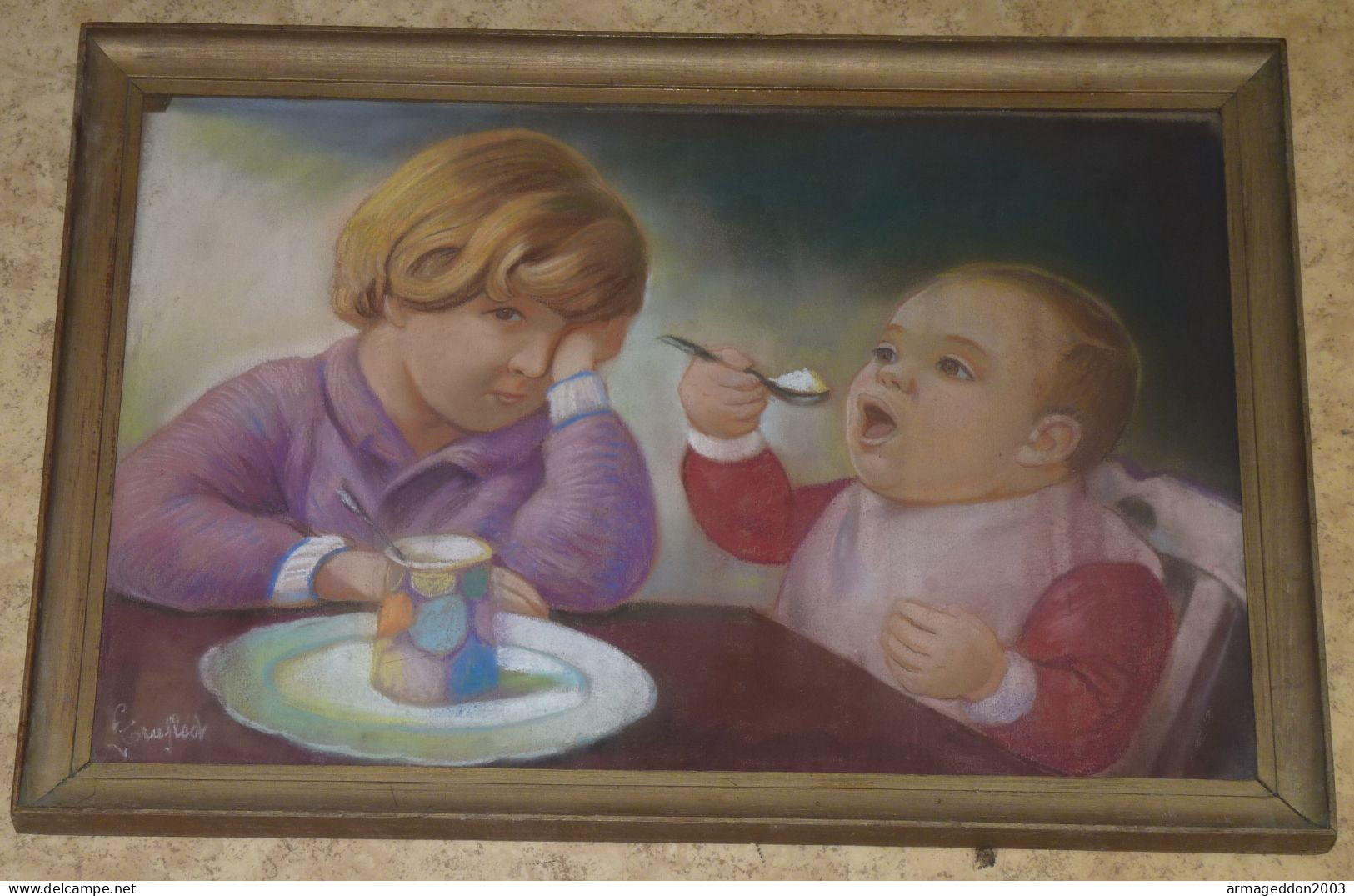 SUPERBE DESSIN PASTEL DEBUT 1900 SIGNE LEON TRUFLED " REPAS DE BEBE " ENCADRE TB - Pastell