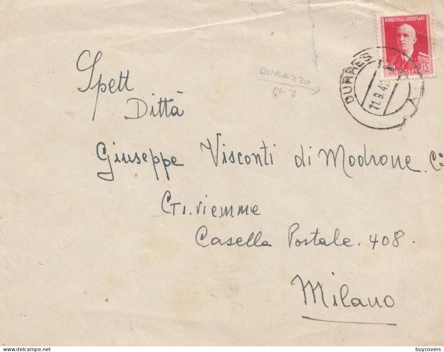 CO39- ALBANIA- Busta Da Durres ( Durazzo)  A Milano Del 11 Settembre 1942 Con Qind 15 Rosso ( Effigie Del Re) - Albanien