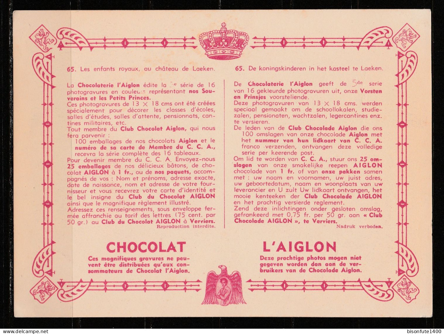 Chromo Chocolat L'Aiglon : N°65 : Les Enfants Royaux Au Château De Laeken ( Voir Photo) - Aiglon