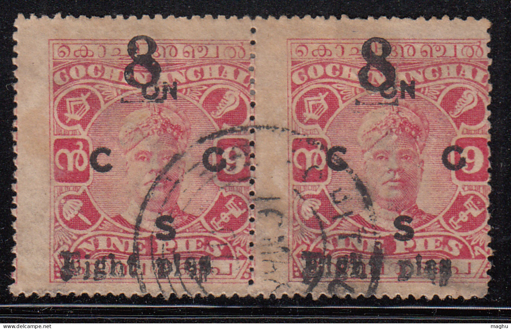 Margin / Perf., Shift EIGHT PIES Variety On Pair, Cochin, British India State, Service Used 1923, Surcharged 8p On 9 - Cochin