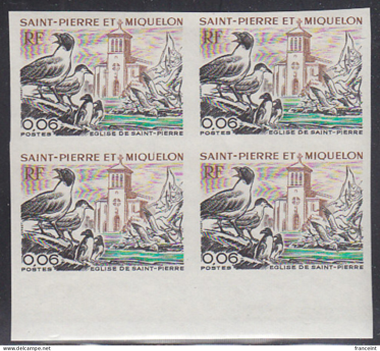 ST. PIERRE & MIQUELON(1974) Seagulls. Church Of St. Pierre. Imperforate Margin Block Of 4. Scott 436, Yvert 438 - Imperforates, Proofs & Errors