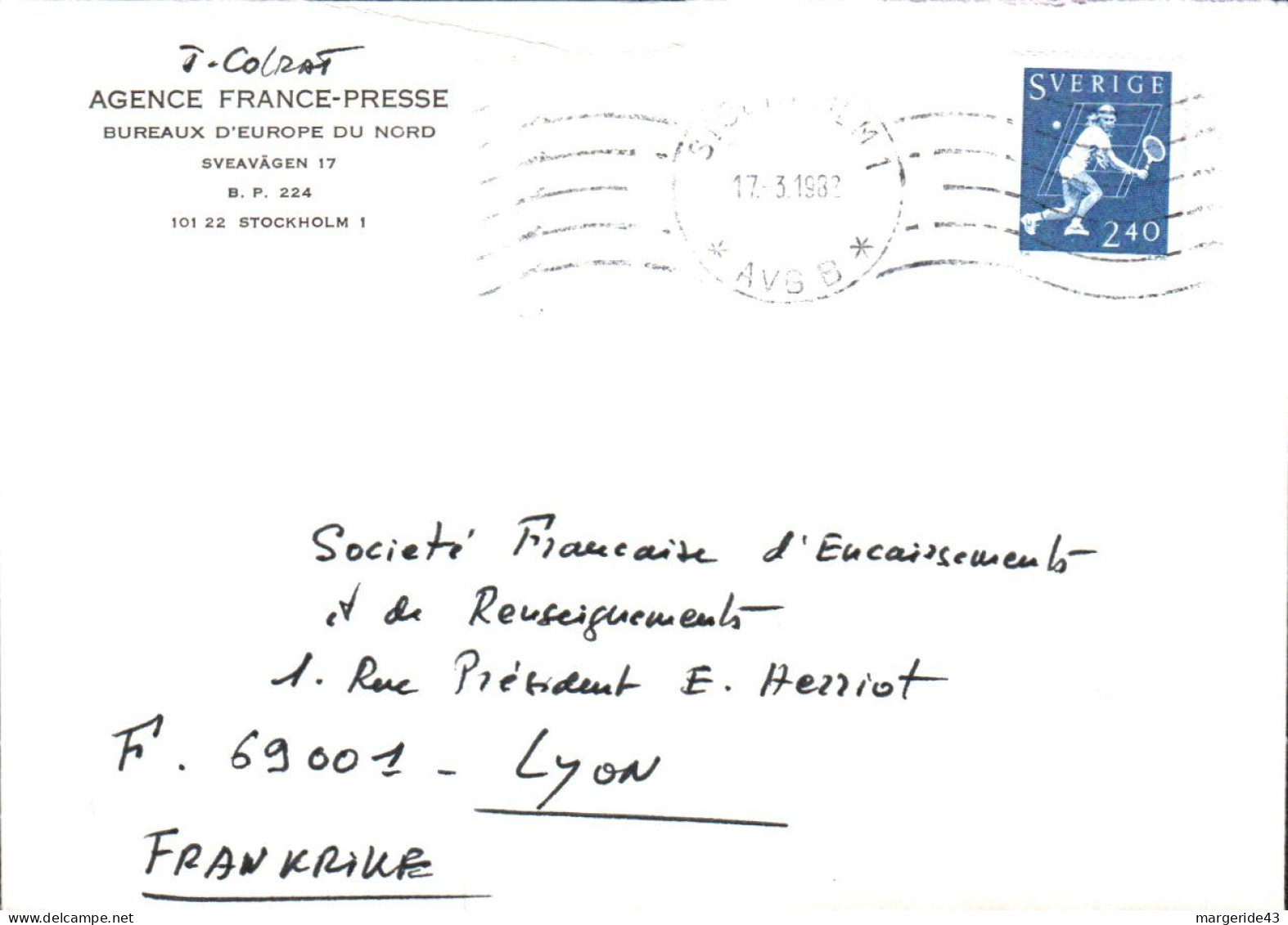 SUEDE SEUL SUR LETTRE POUR LA FRANCE 1982 - Covers & Documents