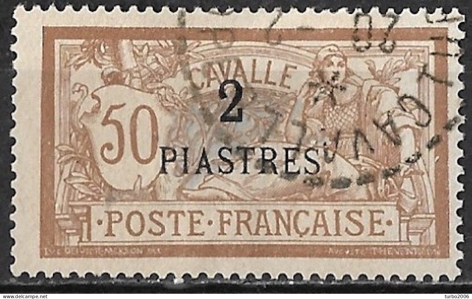 KAVALLA 1902-1912 French Office: French Stamps With Inscription CAVALLE 50 Ct Brown Overprinted 2 Piastres Vl. 14 - Cavalle