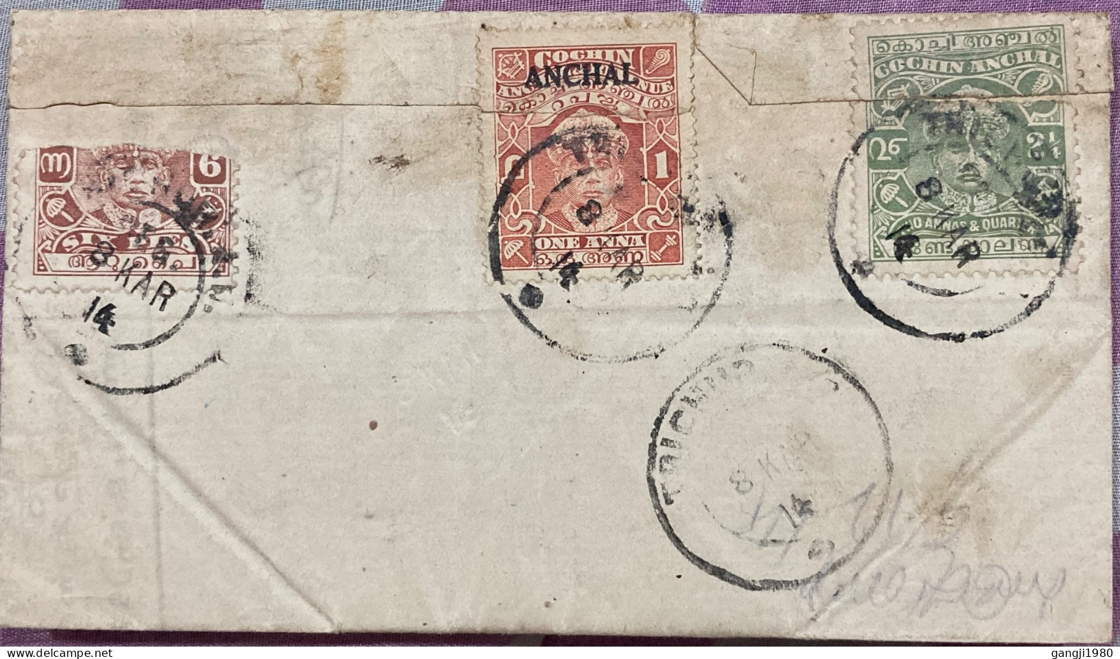 INDIA-COCHIN STATE 1914, REGISTER COVER USED, KING RAJA SIR SRI RAMA VARMA, 3 DIFF STAMP, ANCHAL OVPTD, TRICHUR CITY CAN - Cochin