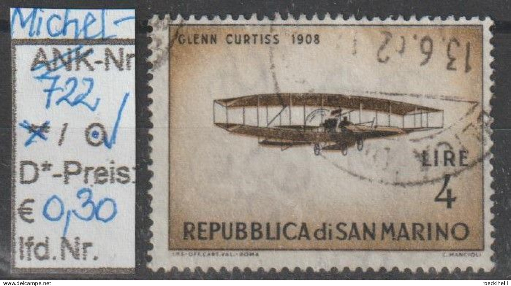 1962 - SAN MARINO - SM "Alte Flugzeuge - G. Curtiss" 4 L Fahlbraun/schwarz - O Gestempelt  - S.Scan (722o S.marino) - Gebruikt