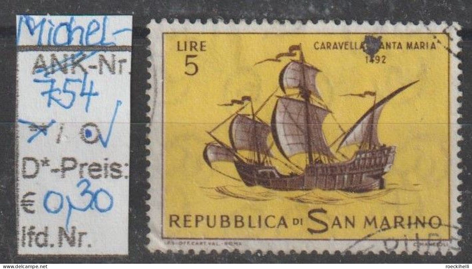 1963 - SAN MARINO - SM "Alte Segelschiffe - Caravelle" 5 L Dkl'braun/gelb - O  Gestempelt  - S.Scan (754o S.marino) - Gebruikt