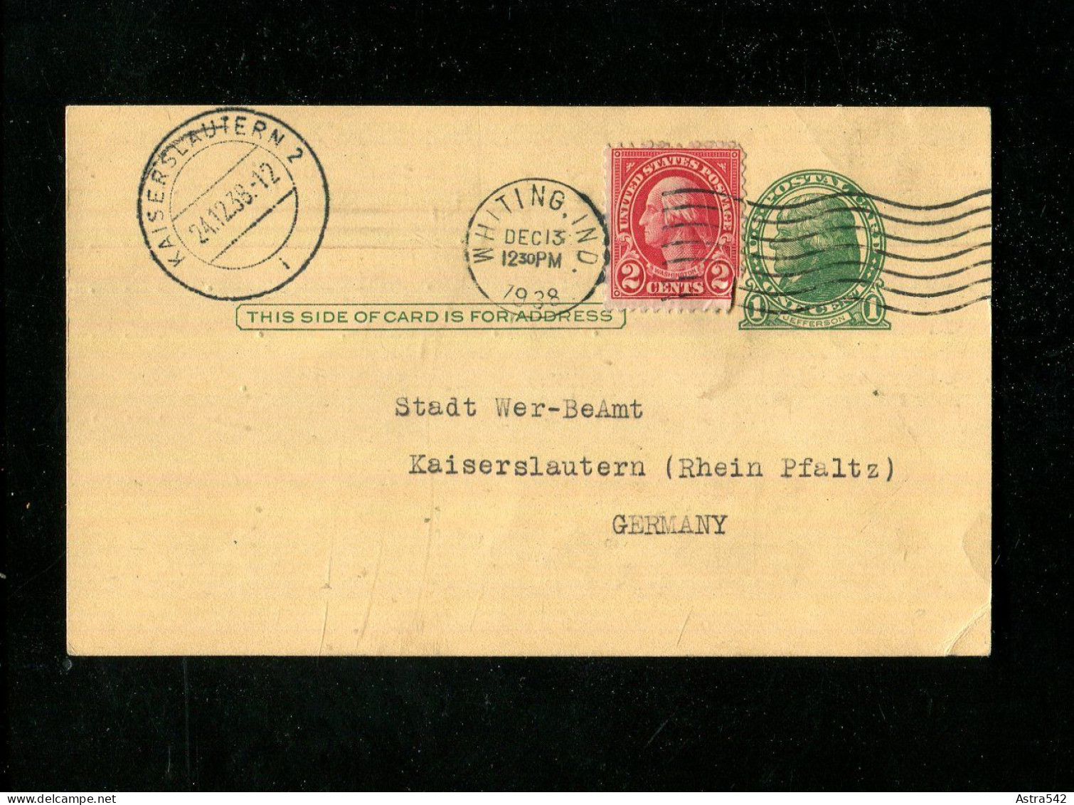 "USA" 1938, Postkarte Mit Zusatzfrankatur Ex Whiting Nach Deutschland (Ankunftsstempel "Kaiserslautern") (15483) - 1921-40