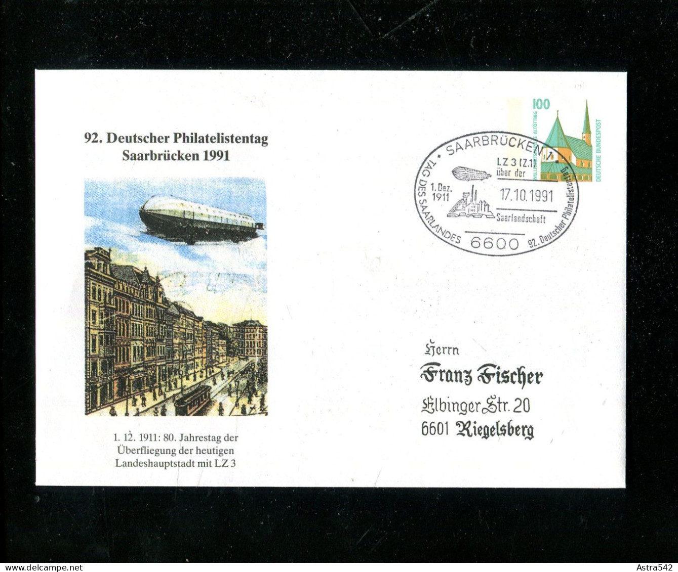 "BUNDESREPUBLIK DEUTSCHLAND" 1991, Privatganzsachenumschlag Mit Abb. "Zeppelin-Luftschiff", SSt. "Saarbruecken" (15509) - Privatumschläge - Gebraucht