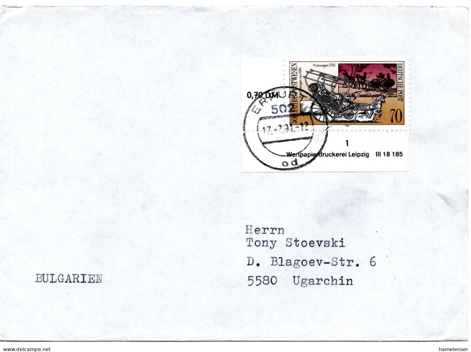 66849 - DDR - 1991 - 70Pfg Postwesen EF A Bf ERFURT -> Bulgarien - Covers & Documents